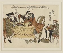 Woodblock print - Two Dutch gentlemen & their ladies making merry over a meal