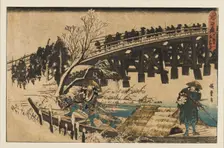 Woodblock print - Two men in a boat under a bridge, 1797-1858. Artist: Ando Hiroshige