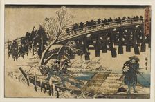 Woodblock print - Two men in a boat under a bridge, 1797-1858. Artist: Ando Hiroshige