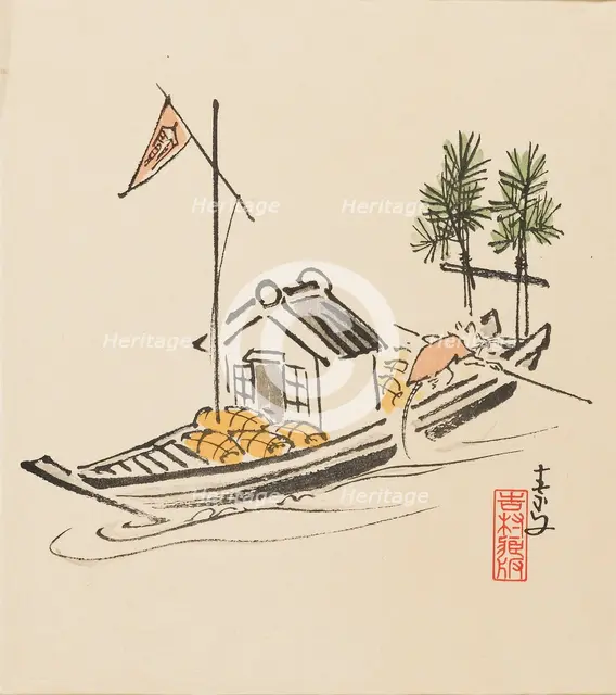 Woodblock print - Takarabune poled by rat, late 19th century. Artist: Morikawa Sobun.