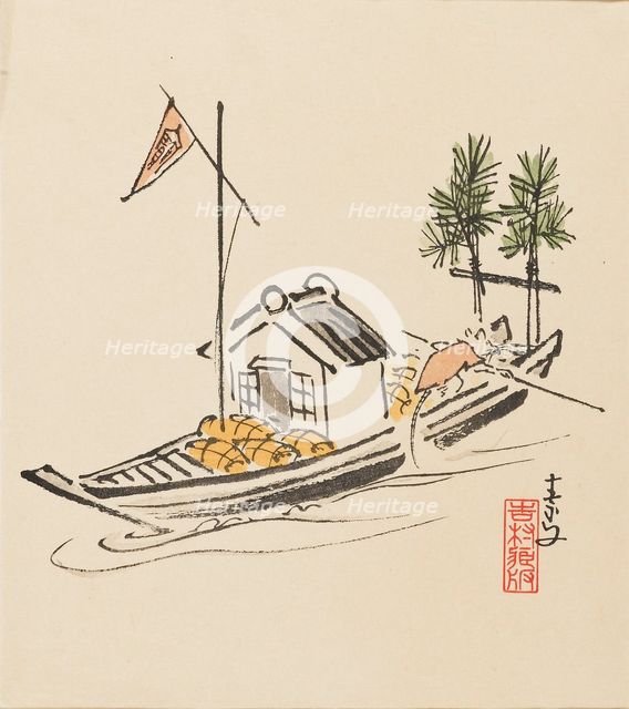 Woodblock print - Takarabune poled by rat, late 19th century. Artist: Morikawa Sobun.