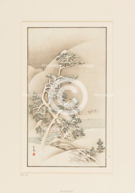 Woodblock print-Trees in snow. Artist: Goshua.