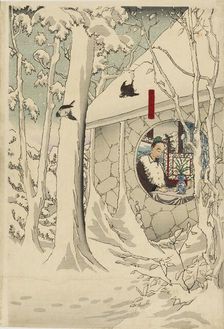Woodblock print triptych - Gentoku visiting komei in his retreat, in a snowstorm, late 19th century. Artist: Tsukioka Yoshitoshi