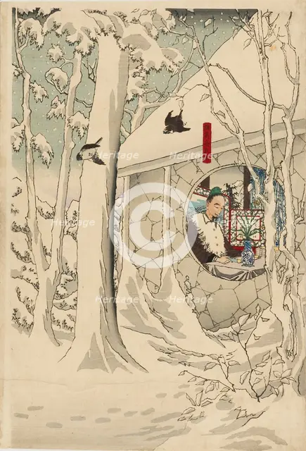 Woodblock print triptych - Gentoku visiting komei in his retreat, in a snowstorm, late 19th century. Artist: Tsukioka Yoshitoshi.