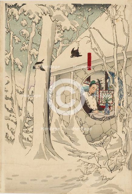 Woodblock print triptych - Gentoku visiting komei in his retreat, in a snowstorm, late 19th century. Artist: Tsukioka Yoshitoshi.