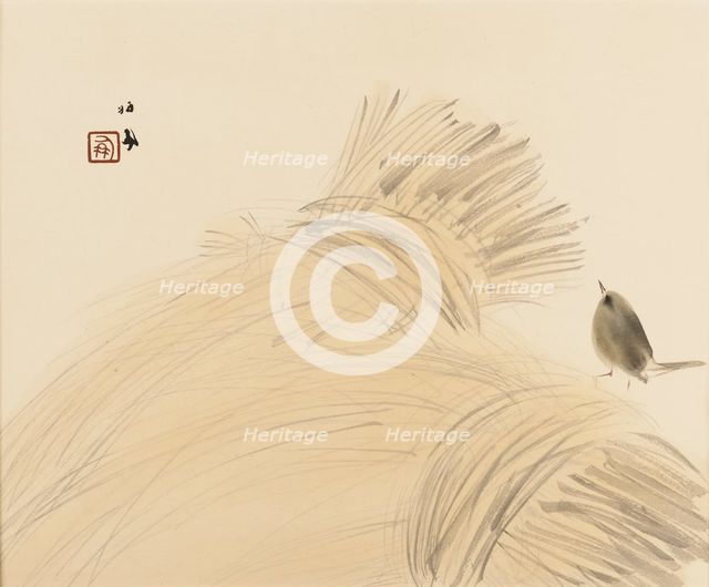 Woodblock print - Wren on corn stook, late 19th-early 20th century. Artist: Takeuchi Seiko.