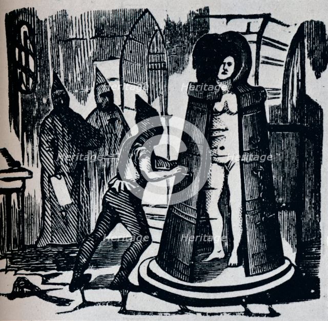 'Woodcut showing Geuder's 'Iron Maiden' in a torture chamber Setting', c1870. Artist: Unknown.
