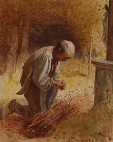 Woodcutter Kneeling before a Forest Shrine, c1865. Creator: James Crawford Thom