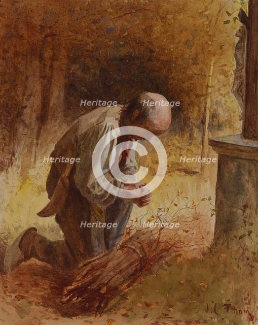 Woodcutter Kneeling before a Forest Shrine, c1865. Creator: James Crawford Thom.