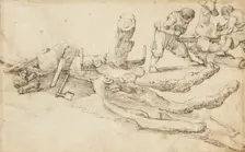 Woodcutters Cutting up Tree Trunks. Creator: Jan van de Velde II