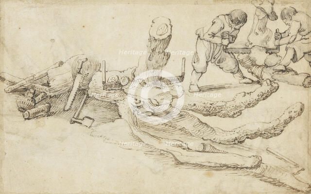 Woodcutters Cutting up Tree Trunks. Creator: Jan van de Velde II.