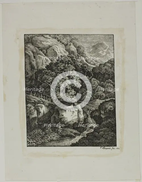 Wooded Mountain Landscape with a Small Waterfall and Pathway, 1805. Creator: Franz Joseph Leopold.
