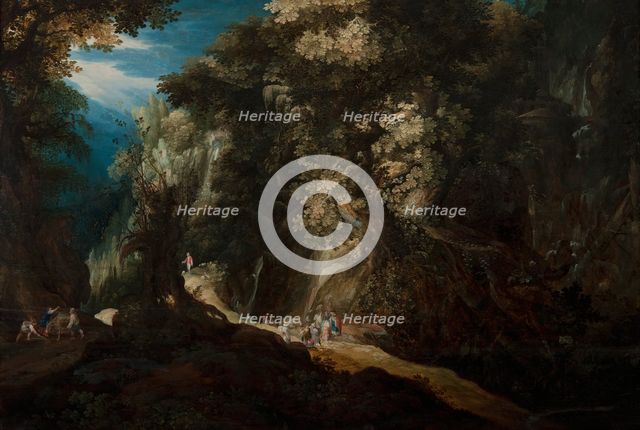 Wooded Mountain Landscape with Waterfall and Travellers, first half of 17th century. Creator: Gysbrecht Leytens.