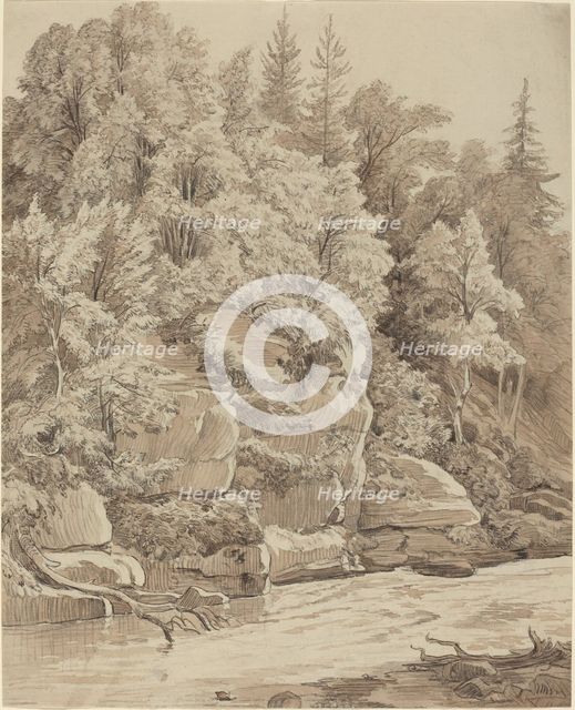 Wooded Cliffs along a Stream, 1840s. Creator: Carl Wagner.