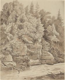 Wooded Cliffs along a Stream, 1840s. Creator: Carl Wagner
