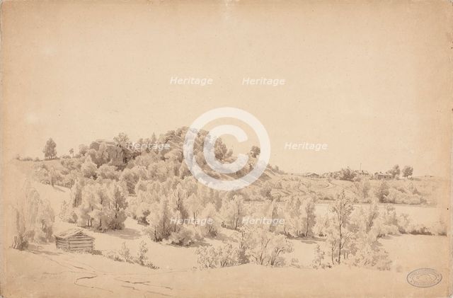 Wooded hill, lake and farmhouse, 1857. Creator: Werner Holmberg.