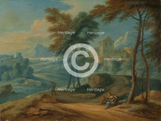 Wooded Italianate Landscape with Figures, c.1750. Creator: Adriaen Frans Boudewyns.
