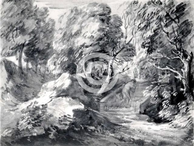 Wooded Landscape with a Man Crossing a Bridge, early 1780s. Creator: Thomas Gainsborough.
