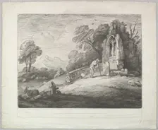 Wooded Landscape with a Peasant Reading a Tombstone, Rustic Lovers and a Ruined ..., August 1, 1797. Creator: Thomas Gainsborough