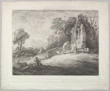 Wooded Landscape with a Peasant Reading a Tombstone, Rustic Lovers and a Ruined ..., August 1, 1797. Creator: Thomas Gainsborough