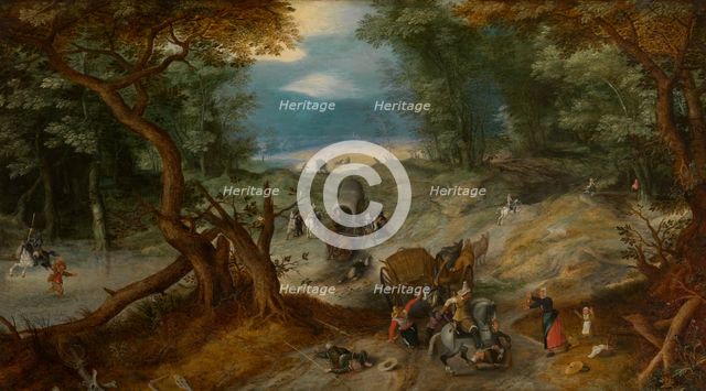 Wooded landscape with a robbery on a forest path, c1607. Creator: Sebastian Vrancx.
