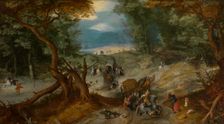 Wooded landscape with a robbery on a forest path, c1607. Creator: Sebastian Vrancx
