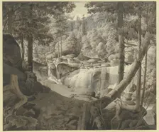 Wooded landscape with a waterfall, pilgrims crossing a bridge in the background, 19th century. Creator: August Georg Friedrich Lucas
