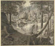 Wooded landscape with a waterfall, pilgrims crossing a bridge in the background, 19th century. Creator: August Georg Friedrich Lucas