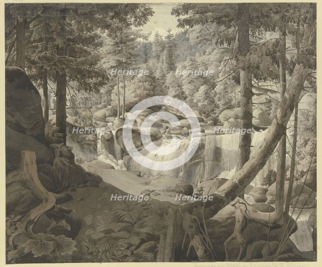 Wooded landscape with a waterfall, pilgrims crossing a bridge in the background, 19th century. Creator: August Georg Friedrich Lucas.
