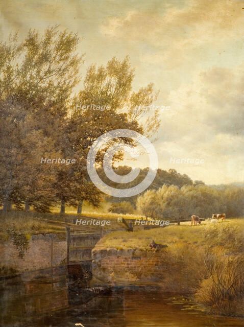 Wooded Landscape with Boy Fishing in a Lock, 1931. Creator: Henry Cheadle.