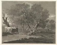 Wooded Landscape with Cows beside a Pool, Figures and Cottage, 1775-80. Creator: Thomas Gainsborough