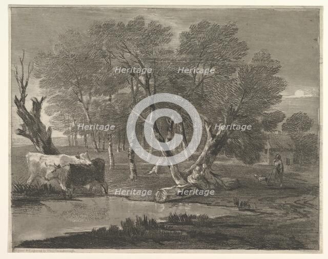 Wooded Landscape with Cows beside a Pool, Figures and Cottage, 1775-80. Creator: Thomas Gainsborough.