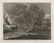Wooded Landscape with Cows beside a Pool, Figures and Cottage , published in 1797. Creator: Thomas Gainsborough (British, 1727-1788)
