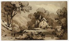 Wooded Landscape with Cottage Beside Pond with Standing Cows, n.d. Creator: James Robertson