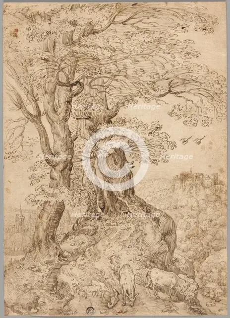 Wooded Landscape with Donkeys and Goats, and Castle on Hill in Distance, n.d. Creator: Unknown.