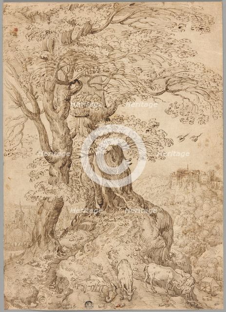 Wooded Landscape with Donkeys and Goats, and Castle on Hill in Distance, n.d. Creator: Unknown.