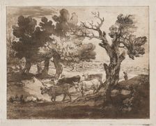 Wooded Landscape with Herdsman and Cows, c. 1780-1785. Creator: Thomas Gainsborough (British, 1727-1788)