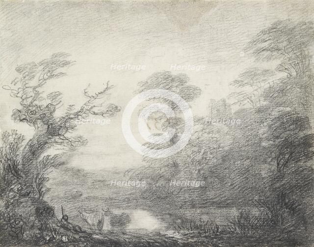 Wooded landscape with herdsman, cows and church tower, 1753-1757. Artist: Thomas Gainsborough.