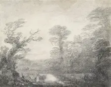 Wooded landscape with herdsman, cows and church tower, 1753-1757. Artist: Thomas Gainsborough