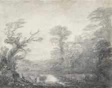 Wooded landscape with herdsman, cows and church tower, 1753-1757. Artist: Thomas Gainsborough