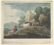 Wooded Landscape with Herdsmen Driving Cattle over a Bridge, Rustic Lovers and Ruined Castle, 1797. Creator: Thomas Gainsborough