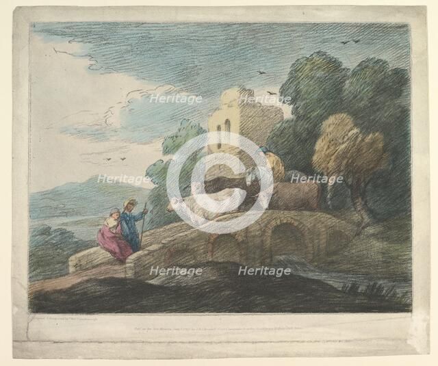 Wooded Landscape with Herdsmen Driving Cattle over a Bridge, Rustic Lovers and Ruined Castle, 1797. Creator: Thomas Gainsborough.