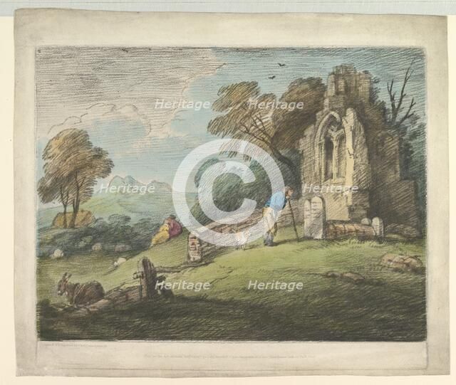 Wooded Landscape with Peasant Reading Tombstone, Rustic Lovers and Ruined Church, August 1, 1797. Creator: Thomas Gainsborough.