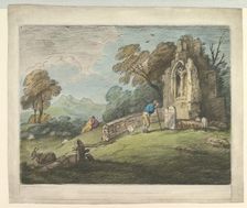 Wooded Landscape with Peasant Reading Tombstone, Rustic Lovers and Ruined Church, August 1, 1797. Creator: Thomas Gainsborough