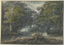 Wooded landscape, a man is hunting a white stag, a woman is sitting with him. Woman, 18th century. Creator: Jacobus van Liender