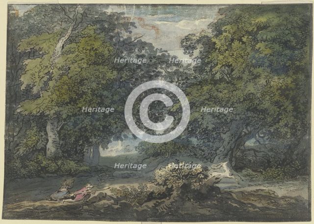 Wooded landscape, a man is hunting a white stag, a woman is sitting with him. Woman, 18th century. Creator: Jacobus van Liender.
