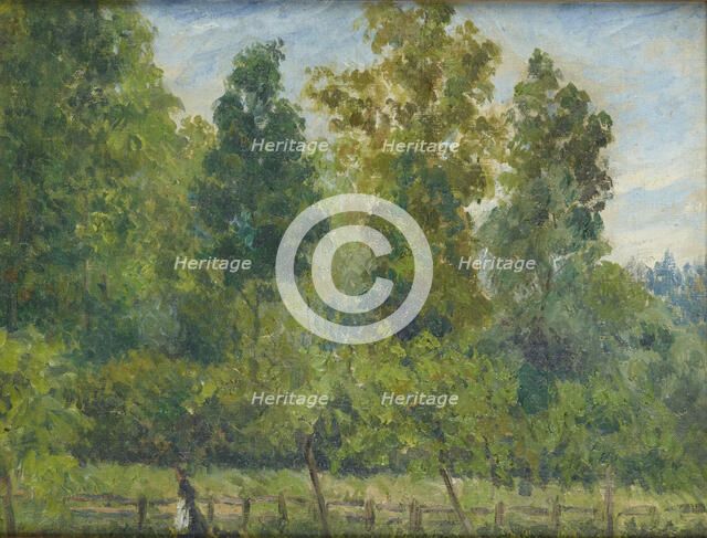 Wooded landscape: a Woman walking with a Dog, c. 1889 - 1897. Creator: Camille Pissarro.