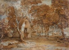 Wooded Landscape, Cottage, Figures and Boat on Lake, 1783-1785. Creator: Thomas Gainsborough