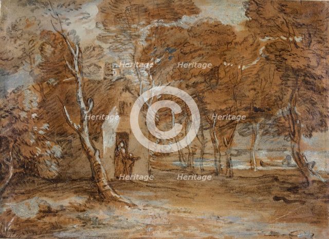 Wooded Landscape, Cottage, Figures and Boat on Lake, 1783-1785. Creator: Thomas Gainsborough.