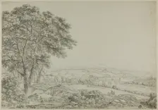 Wooded Pond with Bathing Figures, Vista of River Bridge, and Farms, n.d